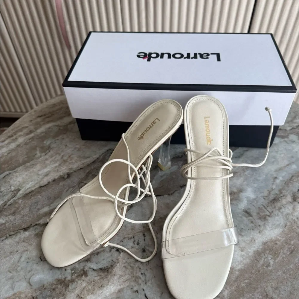Larroude Gloria Clear Heels Ivory Lace Up Sandals Size 8 Ankle-Tie Sandal